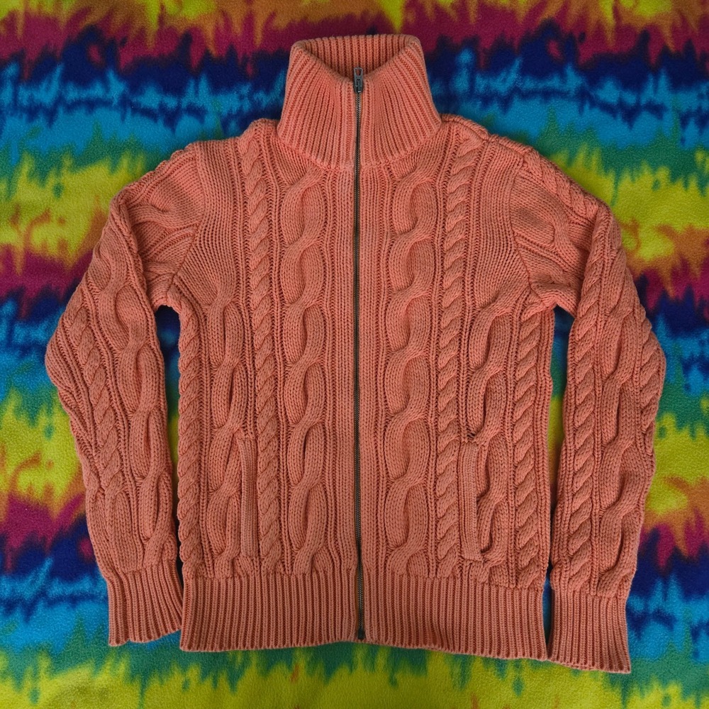 Ralph Lauren Sweater Womens M Cable Knit Full Zip Cardigan Mock Neck Preppy